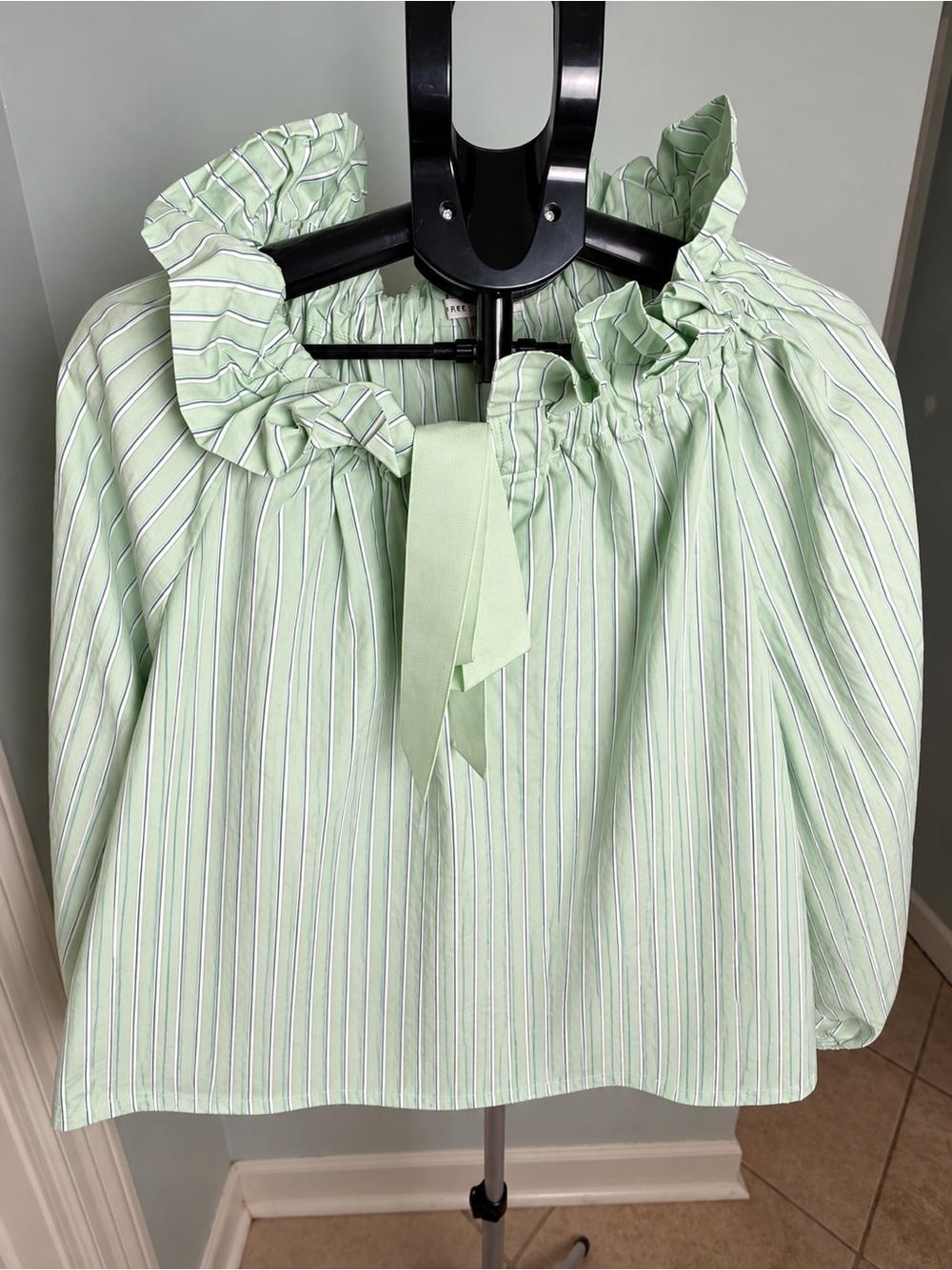 Free Assembly Green Striped Ruffle Tie-Neck Blouse